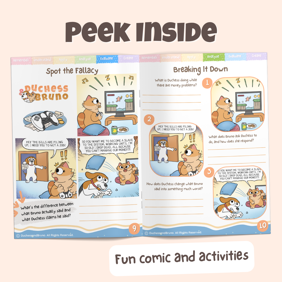 Peek inside the Straw Man argument pack showing the Spot the Fallacy comic and Breaking It Down activity pages with fun comics and activities