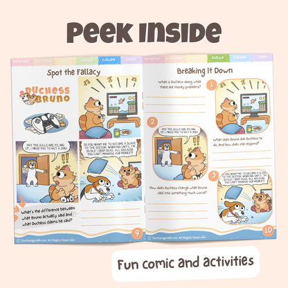 Peek inside the Straw Man argument pack showing the Spot the Fallacy comic and Breaking It Down activity pages with fun comics and activities