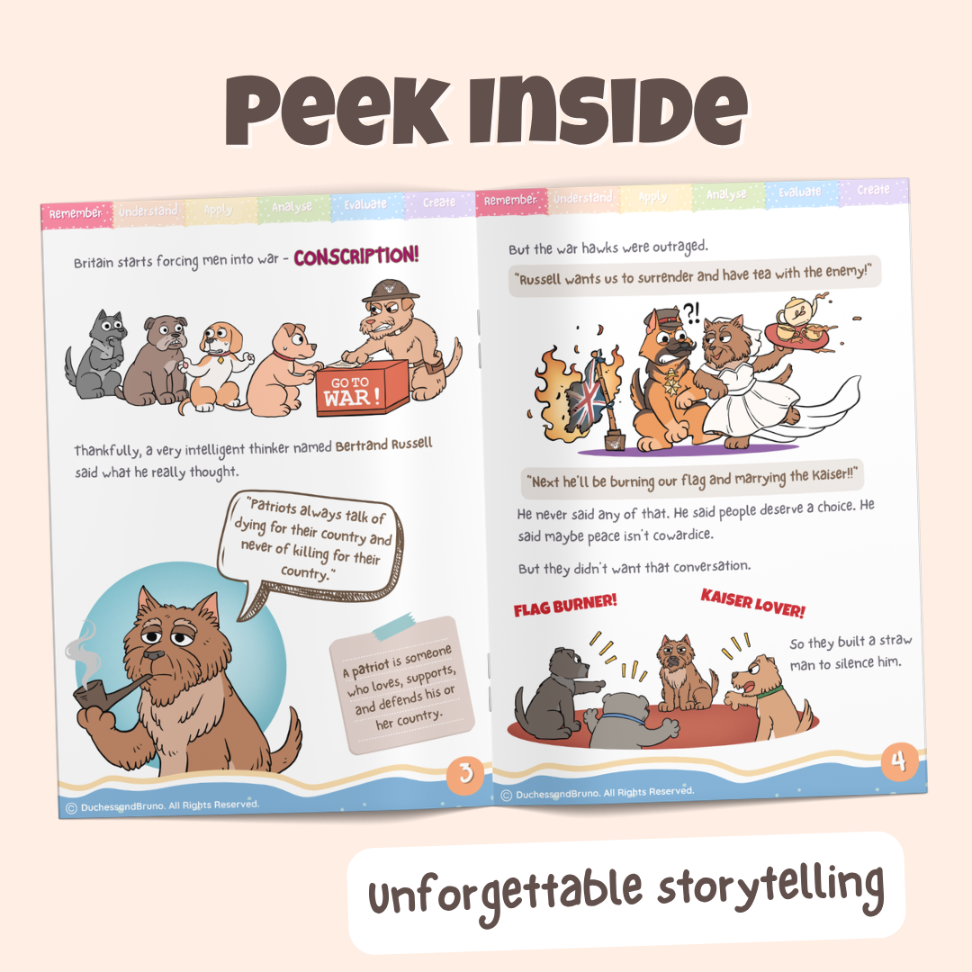 Peek inside the Straw Man argument pack showing illustrated historical storytelling pages about how Bertrand Russell was accused of being a coward during WWI because he questioned conscription