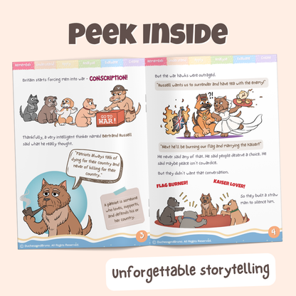 Peek inside the Straw Man argument pack showing illustrated historical storytelling pages about how Bertrand Russell was accused of being a coward during WWI because he questioned conscription