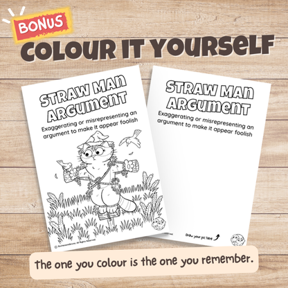 Straw Man Argument fallacy poster bonus colouring page, the same illustration in black and white for students to colour in