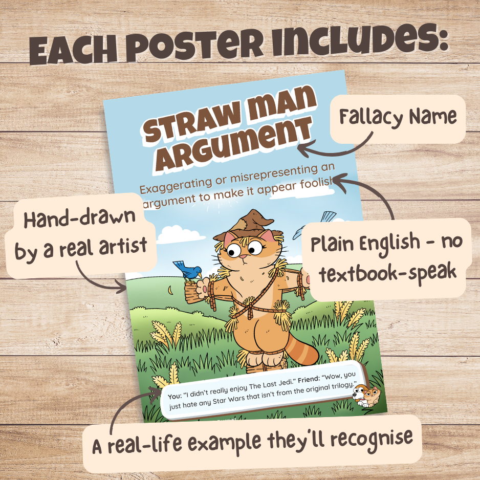 Straw Man Argument poster with labels pointing out the fallacy name, plain English definition, hand-drawn artwork and real-life example
