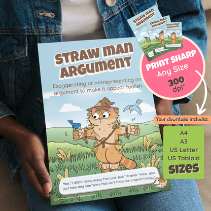 Someone holding the printed Straw Man Argument poster, with a note that the download includes A4, A3, US Letter and US Tabloid sizes at 300 dpi