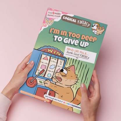 Hand holding a printed copy of the Sunk Cost logical fallacy activity pack showing the cover and print quality