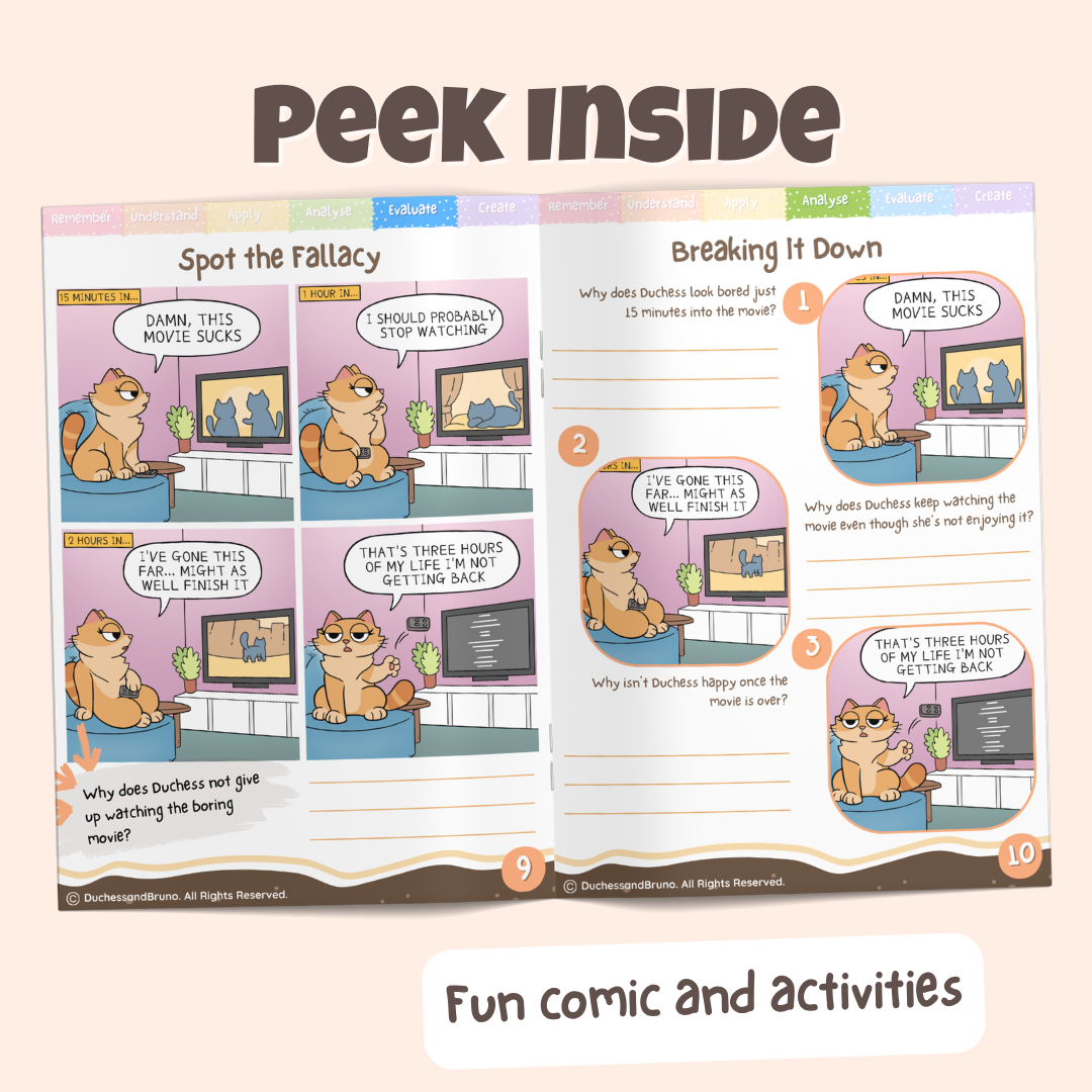 Peek inside the Sunk Cost pack showing the Spot the Fallacy comic and Breaking It Down activity pages with fun comics and activities