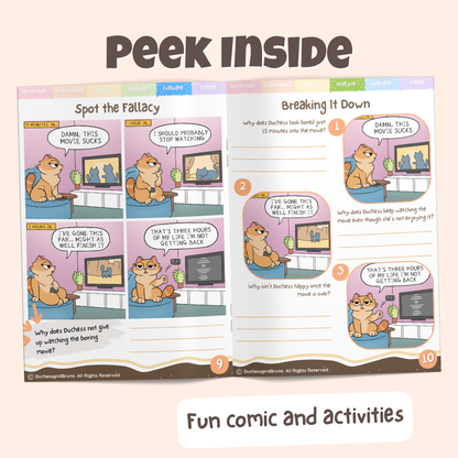Peek inside the Sunk Cost pack showing the Spot the Fallacy comic and Breaking It Down activity pages with fun comics and activities