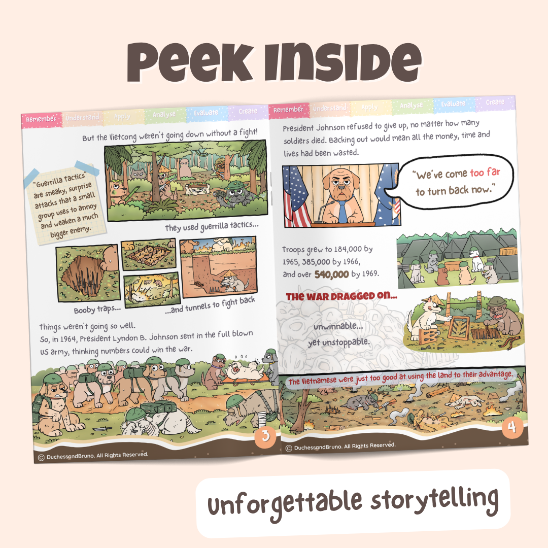 Peek inside the Sunk Cost pack showing illustrated historical storytelling pages about the US war in Vietnam and how they couldn't end the war because they had invested so much time, lives and effort