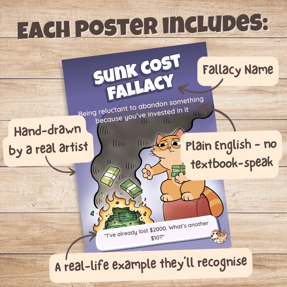 Sunk Cost poster with labels pointing out the fallacy name, plain English definition, hand-drawn artwork and real-life example