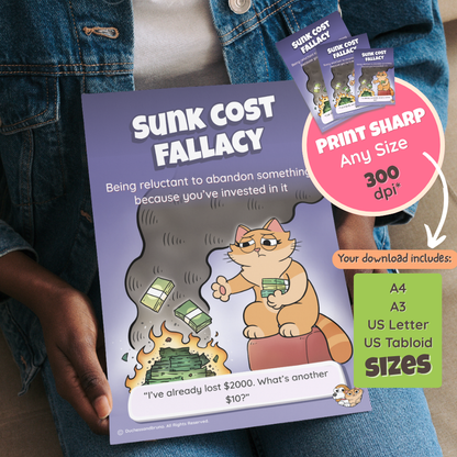 Someone holding the printed Sunk Cost poster, with a note that the download includes A4, A3, US Letter and US Tabloid sizes at 300 dpi