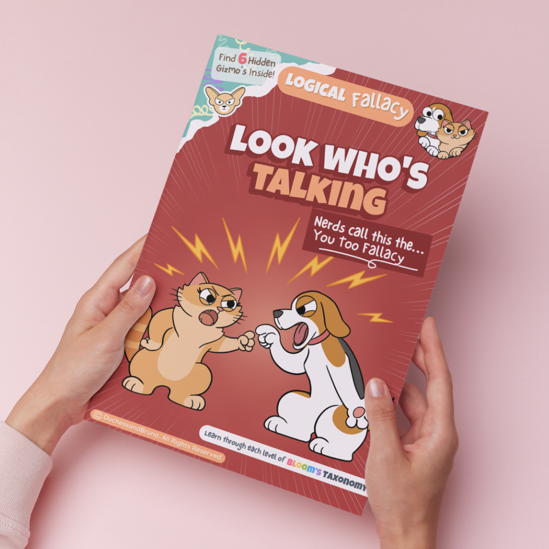 Hand holding a printed copy of the You too logical fallacy activity pack showing the cover and print quality