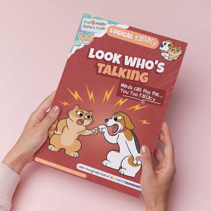 Hand holding a printed copy of the You too logical fallacy activity pack showing the cover and print quality