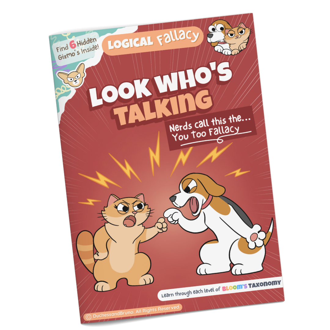 You Too logical fallacy activity pack cover showing cartoon cat and dog characters with the tagline Look Who's Talking, professionally printed booklet