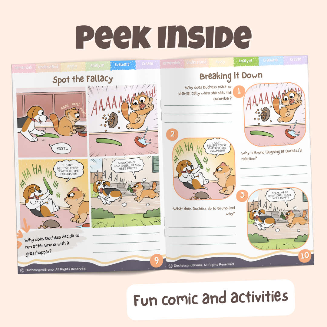 Peek inside the You too logical fallacy pack showing the Spot the Fallacy comic and Breaking It Down activity pages with fun comics and activities