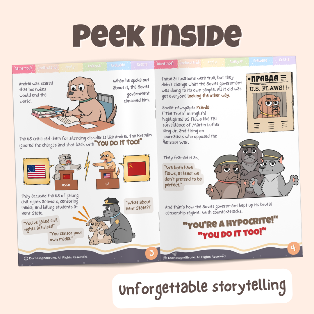 Peek inside the You too pack showing illustrated historical storytelling pages about how the US and Russia deflected blame by pointing the finger at each other