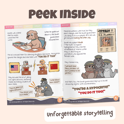 Peek inside the You too pack showing illustrated historical storytelling pages about how the US and Russia deflected blame by pointing the finger at each other