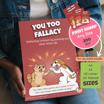 Someone holding the printed You Too Fallacy poster, with a note that the download includes A4, A3, US Letter and US Tabloid sizes at 300 dpi